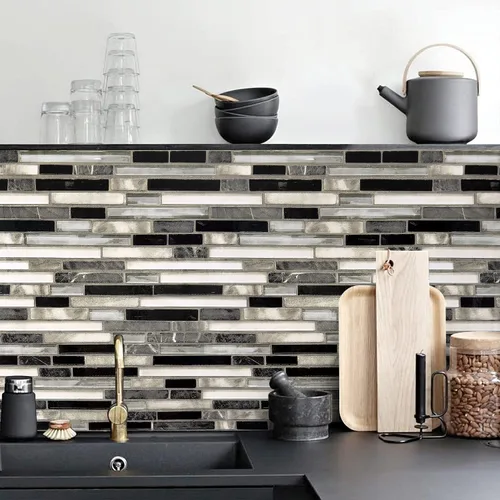 Vista 10 de Loseta en muro adhesiva de color blanco y negro para cocina, papel tapiz removible de 17.7 x 196.8 pulgadas, papel adhesivo con azulejos para baño
