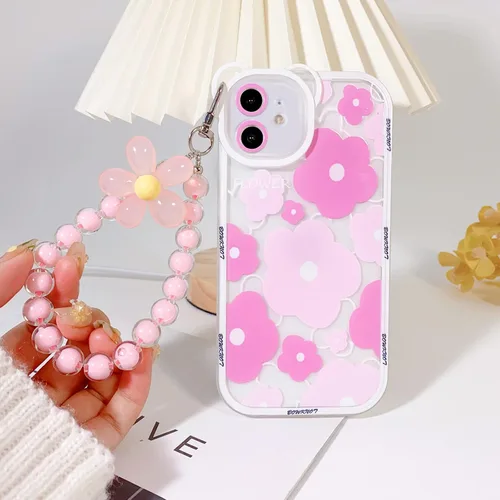 Vista 5 de NITITOP Funda compatible con iPhone 11, lente de cámara transparente con diseño de oso floral y cadena de pulsera de flores para mujeres y niñas