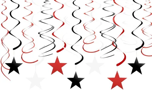Vista 2 de Decoraciones colgantes de espirales negras, blancas y plateadas con recortes de estrella, juego de 30