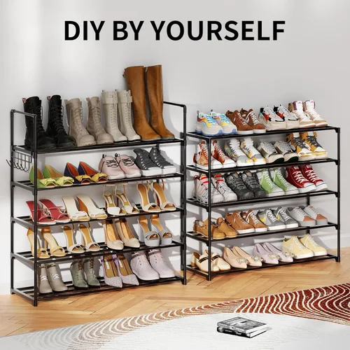 Vista 7 de Organizador de zapatos de metal, zapatero de 5 niveles con ganchos, se adapta a 20-25 pares, estante de zapatos ajustable para entrada, pasillo