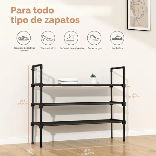Vista 3 de LANTEFUL Zapatero de 3 niveles para armario, organizador de zapatos con 5 ganchos, estante largo para zapatos deportivos y botas, estante apilable