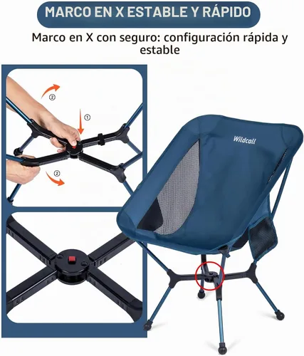 Vista 3 de WildCall Silla de camping plegable ligera con marco de configuración rápida, silla de playa compacta para mochileros con pies antideslizantes 2 Azul
