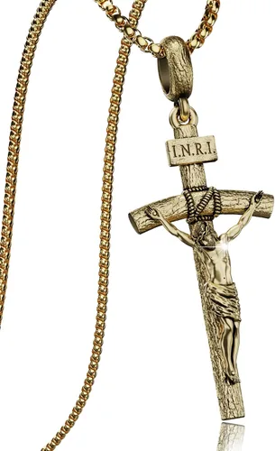 Vista 9 de Collar de crucifijo católico para hombres y mujeres, collar de cruz de plata antigua/oro/plata con exquisito colgante de Jesús, cadena de acero