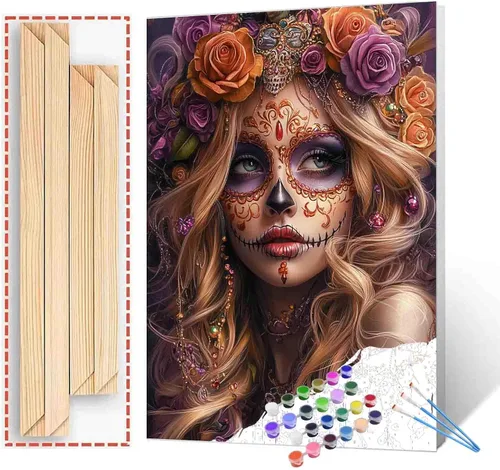 Vista 7 de Tucocoo Decoración del Día de los Muertos, pintura por números, esqueleto para parejas, pintura por números sobre lienzo con pinceles y pigmento