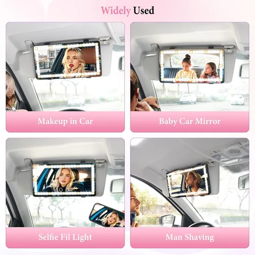 Vista 6 de SINGARO Espejo de tocador con visera solar para automóvil, espejo de maquillaje recargable con 60 LED, 3 modos de luz y control táctil regulable