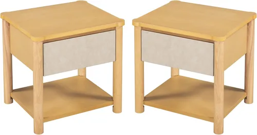 Vista 7 de Merax Moderno juego de base de cama Queen con 2 mesitas de noche, cama de plataforma de madera beige con cabecero y mesitas de noche a juego