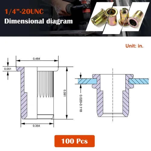 Vista 3 de 100 tuercas de remache de acero al carbono de 1/4 pulgadas a 20UNC de cabeza plana, tuercas roscadas de acero al carbono chapadas en zinc, cuerpo