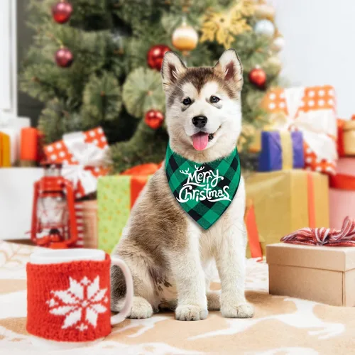 Vista 5 de Malier, 2 paquetes de bandanas para perros de Navidad, clásico búfalo, a cuadros. Bufanda de triángulo, baberos, pañuelo. Disfraz navideño