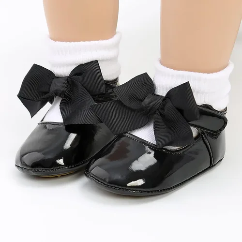 Vista 3 de Zapatos planos Mary Jane para bebés y niñas con lazo, suela de goma antideslizante, de piel sintética, para primeros pasos, zapatos de vestir de boda