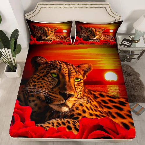 Vista 38 de Erosebridal Juego de sábanas bajeras de rosas rojas y leopardo, tamaño individual, diseño de animales africanos salvajes, diseño de plantas