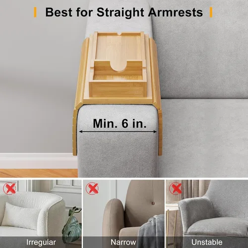 Vista 4 de Bestjing Bandeja para Brazo de Sofá de Bambú - Bandeja para Brazo de Sofá con Soporte para Tazas Desmontable - Caddy de Brazo de Sillón Plegable