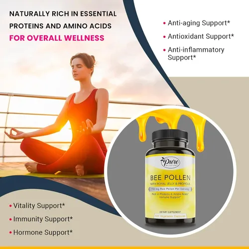 Vista 4 de Pure By Nature Suplemento de polen de abeja con propóleo y jalea real para apoyo inmunológico, propiedades antioxidantes, 120 cápsulas vegetarianas