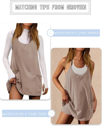 Vista 3 de Nirovien Vestido de tenis para mujer, mini vestido de entrenamiento con pantalones cortos, sin mangas, tirantes delgados, vestidos atléticos de golf