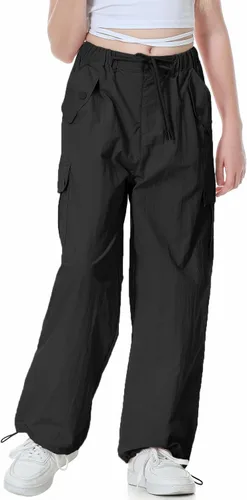 Vista 7 de Rolanko Pantalones de paracaídas para niñas, pantalones cargo Y2K con bolsillos, pantalones deportivos Harajuku para niños de 4 a 14 años