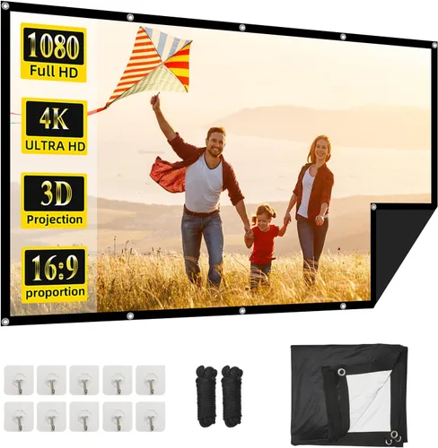 Vista 10 de Pantalla de proyección de 60 pulgadas, pantalla de película de proyección portátil OKEDUO 4K 16:9 HD, antiarrugas para interior y exterior