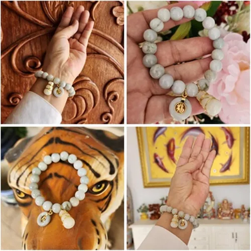 Vista 6 de Pulsera de jade para mujer, cuentas de piedras preciosas naturales con colgante, moneda, suerte y calabaza, poderosa prosperidad tailandesa éxito