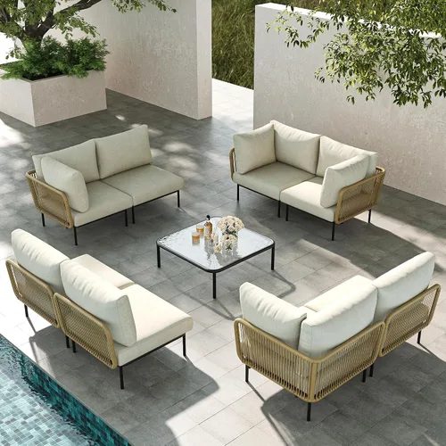 Vista 12 de LayinSun Juego de muebles de patio de aluminio de 7 piezas, sofá modular moderno con mesa auxiliar y cojín de grosor mejorado Gris claro