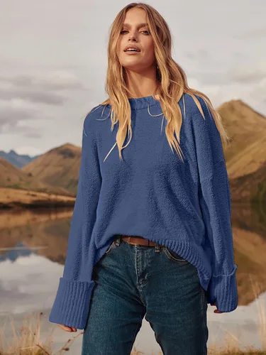 Vista 23 de LOGENE Suéter de gran tamaño para mujer, cuello redondo, manga larga, suave, mullido, suéter de punto 2025 para otoño e invierno