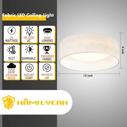 Vista 2 de Hamilyeah Lámpara de techo LED de montaje empotrado con pantalla de tela, accesorio de iluminación de cocina de 12 pulgadas, montaje de techo 5CCT