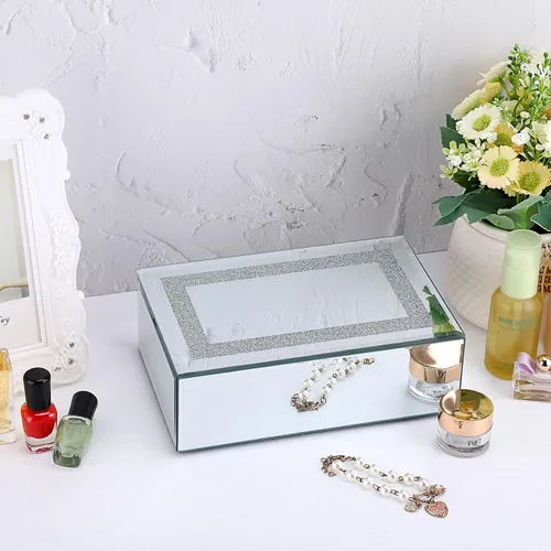 Vista 4 de ELLDOO Joyero, almacenamiento de cristal con espejo con superficie de diamantes triturados, organizador decorativo de lujo para aretes, anillos