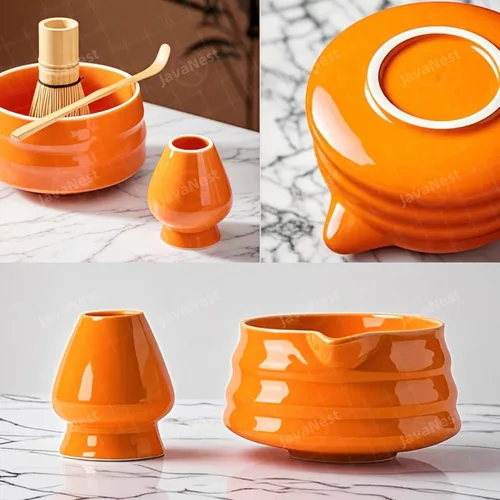 Vista 3 de Juego de té Matcha de 7 piezas con tarjeta de regalo, batidor de bambú de 120 puntas, cuenco de cerámica con boquilla, soporte para batidor
