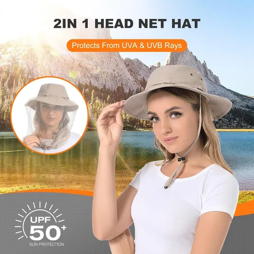 Vista 3 de Mosquito Head Net Hat - Bug Cap UPF 50+ Sun Protection with Hidden Netting for Beekeeping Hiking Women