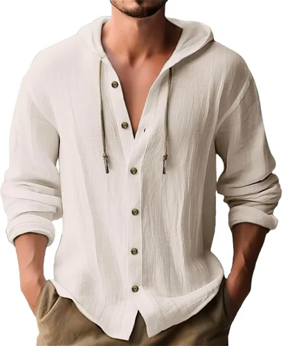Vista 9 de Camisas de lino para hombre, casual, con botones, de verano, algodón, lino, con capucha, para playa, manga larga, con capucha
