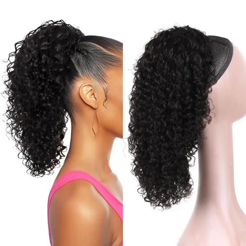 Vista 9 de Extensión de cola de caballo de cabello humano de 12 pulgadas con cordón rizado profundo para mujeres negras, extensión rizada 3C, color negro