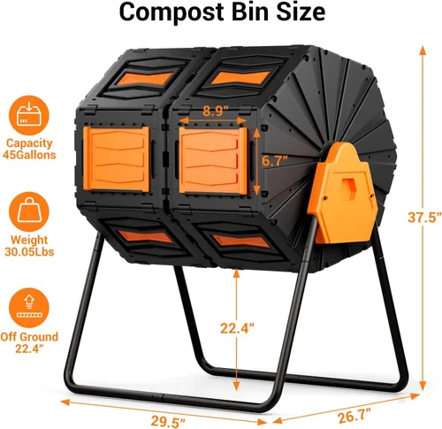 Vista 8 de Tambor de Compost, Fácil de Ensamblar y Eficiente Contenedor de Compost Exterior, 45 Galones/170 Litros Compostador Giratorio Grande de Doble Cámara
