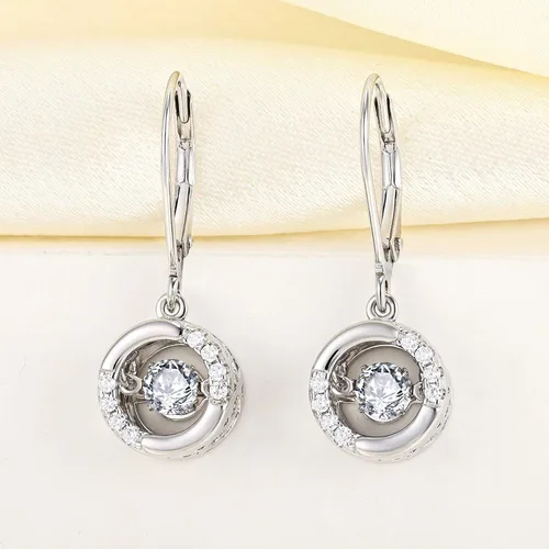 Vista 4 de YL Aretes redondos con halo de plata de ley, con solitario de diamante bailarín, aretes colgantes con piedras de nacimiento redondas, joyería