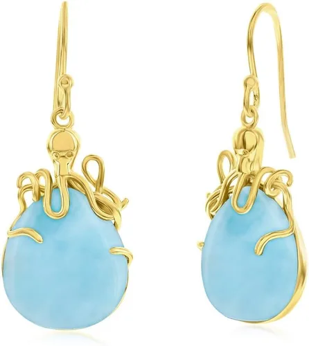 Vista 26 de Beaux Bijoux Aretes de plata de ley azul larimar para mujer, joyería natural de larimar, diseño de animales marinos, pez de pulpo de tortuga