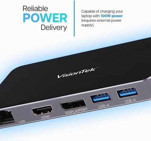 Vista 5 de VisionTek VT350 Hub portátil USB-C para monitor dual, 1 DP, 1 HDMI, 2 USB-A, 1 Ethernet, 1 USB-C para Windows/MacOS/ChromeOS/iOS Dual Display via