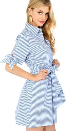 Vista 2 de Romwe Vestido camisero corto a rayas de verano para mujer con cinturón con botones al cuello