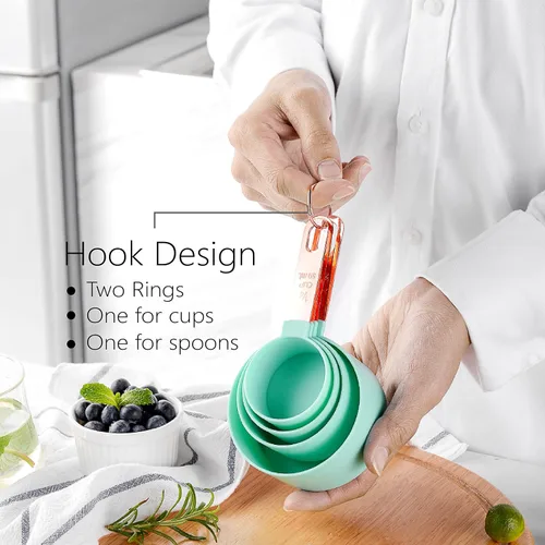 Vista 4 de Juego de tazas y cucharas medidoras con mango de acero inoxidable de oro rosa, 8 cucharadas apilables y precisas para medir ingredientes secos