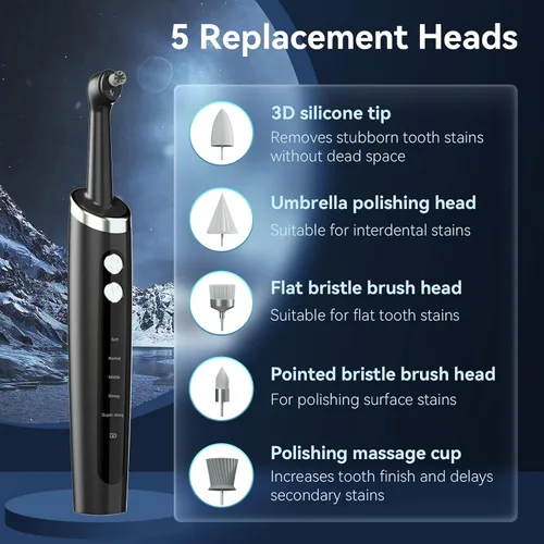 Vista 2 de Pulidor de dientes recargable, pulidor de dientes con 5 cabezales de repuesto y modos de limpieza, recargable por USB, impermeable IPx6, removedor