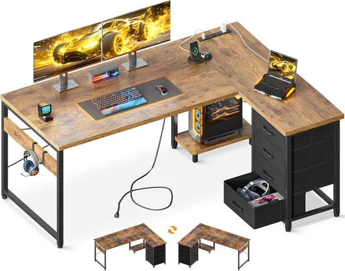Vista 15 de AODK Escritorio para juegos en forma de L con 4 cajones, escritorios reversibles de oficina en casa de 53 pulgadas con tomas de corriente