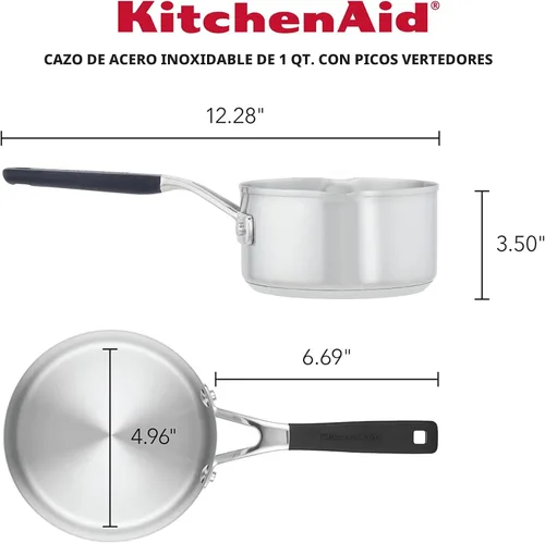 Vista 2 de KitchenAid Cacerola de acero inoxidable 71018 con boquillas de vertido, 1 cuarto de galón, acero inoxidable cepillado