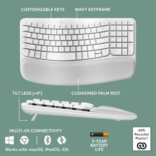 Vista 6 de Logitech Wave Keys - Teclado ergonómico inalámbrico con reposamanos acolchado para múltiples sistemas operativos + mouse Lift ergonómico vertical