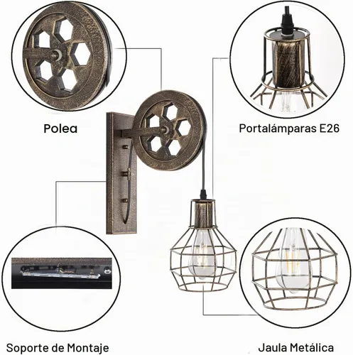 Vista 6 de 1 Luminaria Industrial de Mediados de Siglo Retro de Hierro para Pared con Polea Elevadora, Lámpara de Pared que Presenta Pantalla de Jaula de Bronce