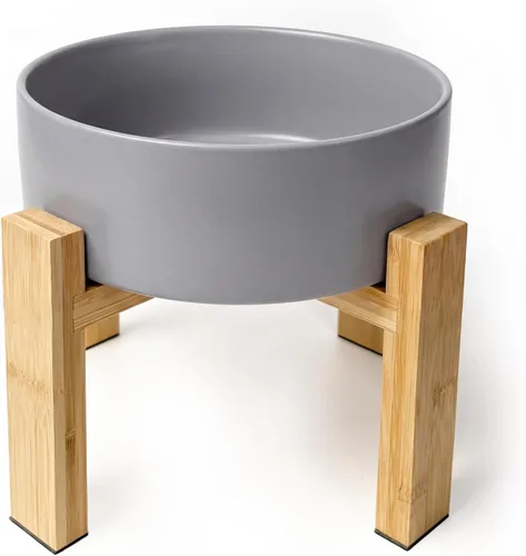 Vista 11 de Cuenco elevado de cerámica para gatos - Cuenco de comida para gatos con soporte de bambú - Plato elevado de comida para perros para cachorros - Verde