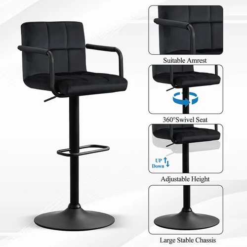 Vista 6 de Furniliving Taburetes de bar ajustables con respaldo, juego de 2 taburetes de bar negros, taburetes de bar de terciopelo con giro de 360°, taburetes