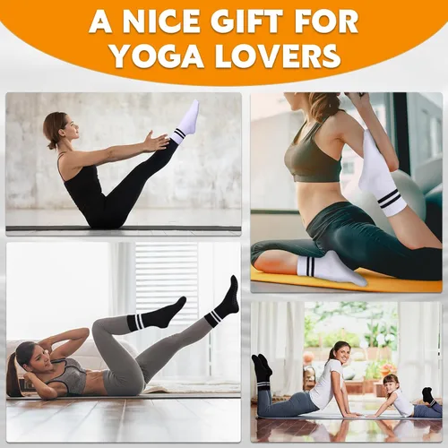 Vista 6 de Jspupifip 4 pares de calcetines largos de pilates con agarre, antideslizantes, para yoga, pilates, barre, entrenamiento, hospital, 4 pares
