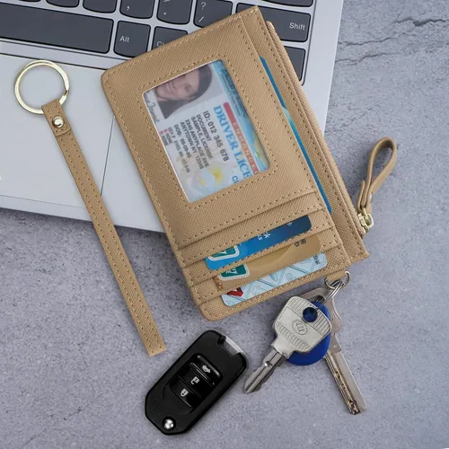 Vista 7 de Aiyo Nice Funda delgada para tarjetas RFID para mujer, cartera con cremallera, cartera de piel pequeña, monedero con llavero