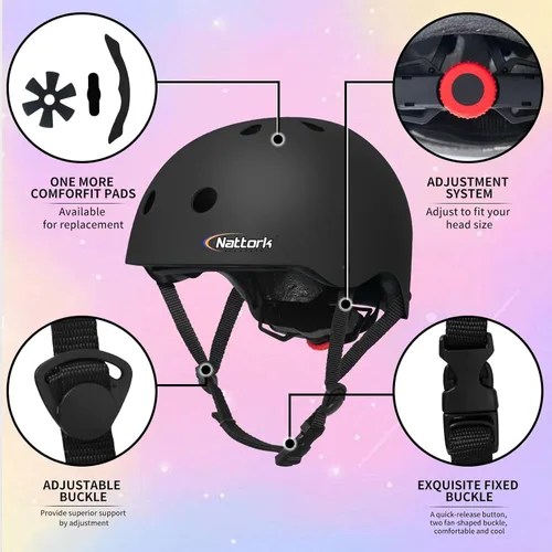 Vista 2 de Nattork Casco Infantil de Protección, Forro Extraíble para Multideportes Patineta, Patines, Bicicleta, Patinete Edad 4-12 Niños, Jóvenes, Adultos