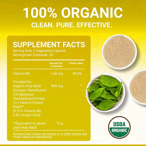 Vista 5 de True Veda Cápsulas de hoja de albahaca sagrada USDA Organic Suplemento de albahaca sagrada Tulsi Vitamina orgánica B6 Extracto de ácido