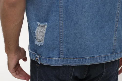 Vista 7 de NASKY Chaleco de mezclilla sin mangas ajustado retro rasgado para hombre y chaqueta de mezclilla