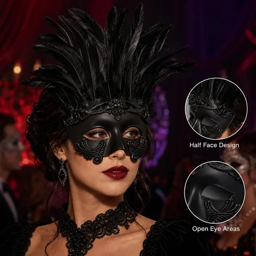 Vista 5 de JPXH Máscara romana para hombre con plumas veneciana para fiesta