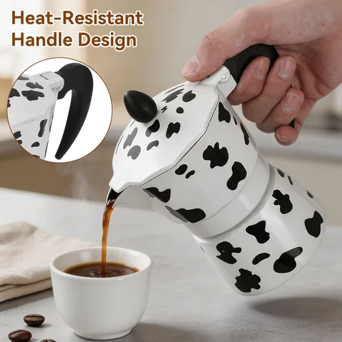 Vista 5 de Cafetera de café expreso para estufa, cafetera de moka de vaca lechera, cafetera portátil de aluminio de 3/6/9 tazas para el hogar, cafetería