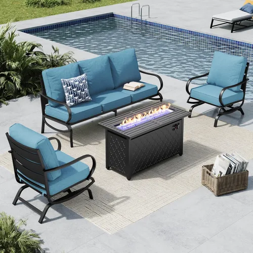 Vista 34 de MFSTUDIO Juego de 4 piezas de conversación para patio, marco de metal para todo tipo de clima, muebles de exterior con 1 mesa rectangular de propano