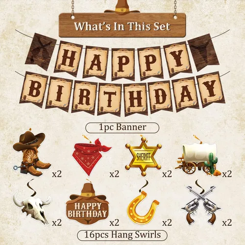 Vista 2 de Decoraciones de fiesta de vaquero, decoraciones de fiesta temática de vaquero incluyen pancartas de feliz cumpleaños de vaquero occidental